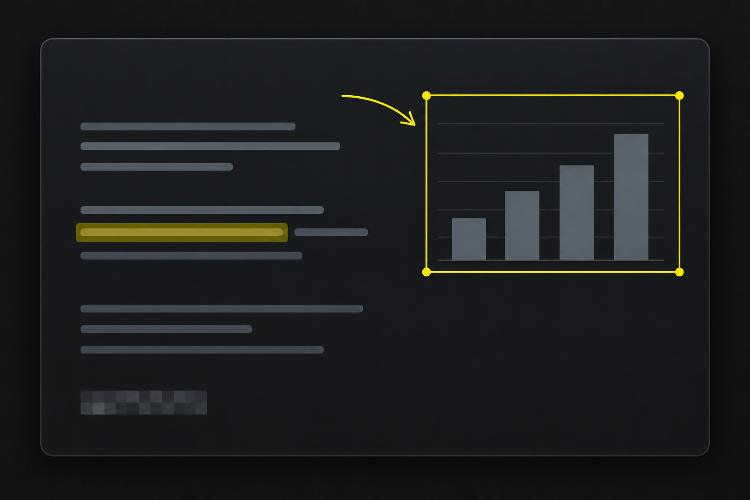 A dark editing canvas with a yellow arrow, selection outline, highlights, and mosaic redaction